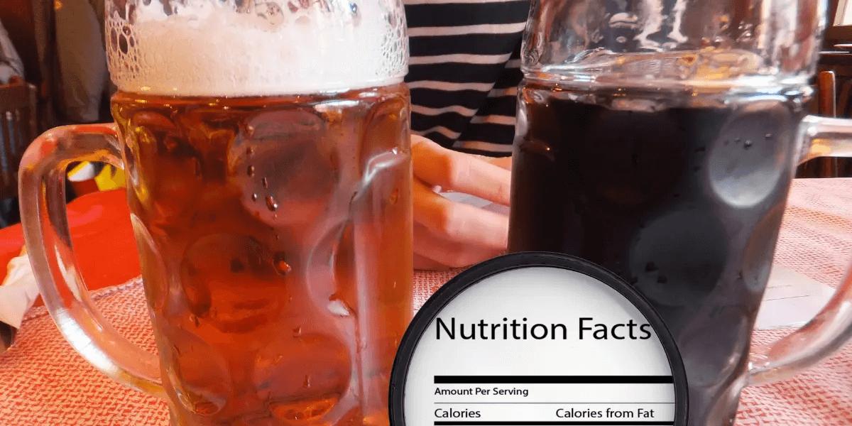 craft style beer in mugs with calorie count in front of them