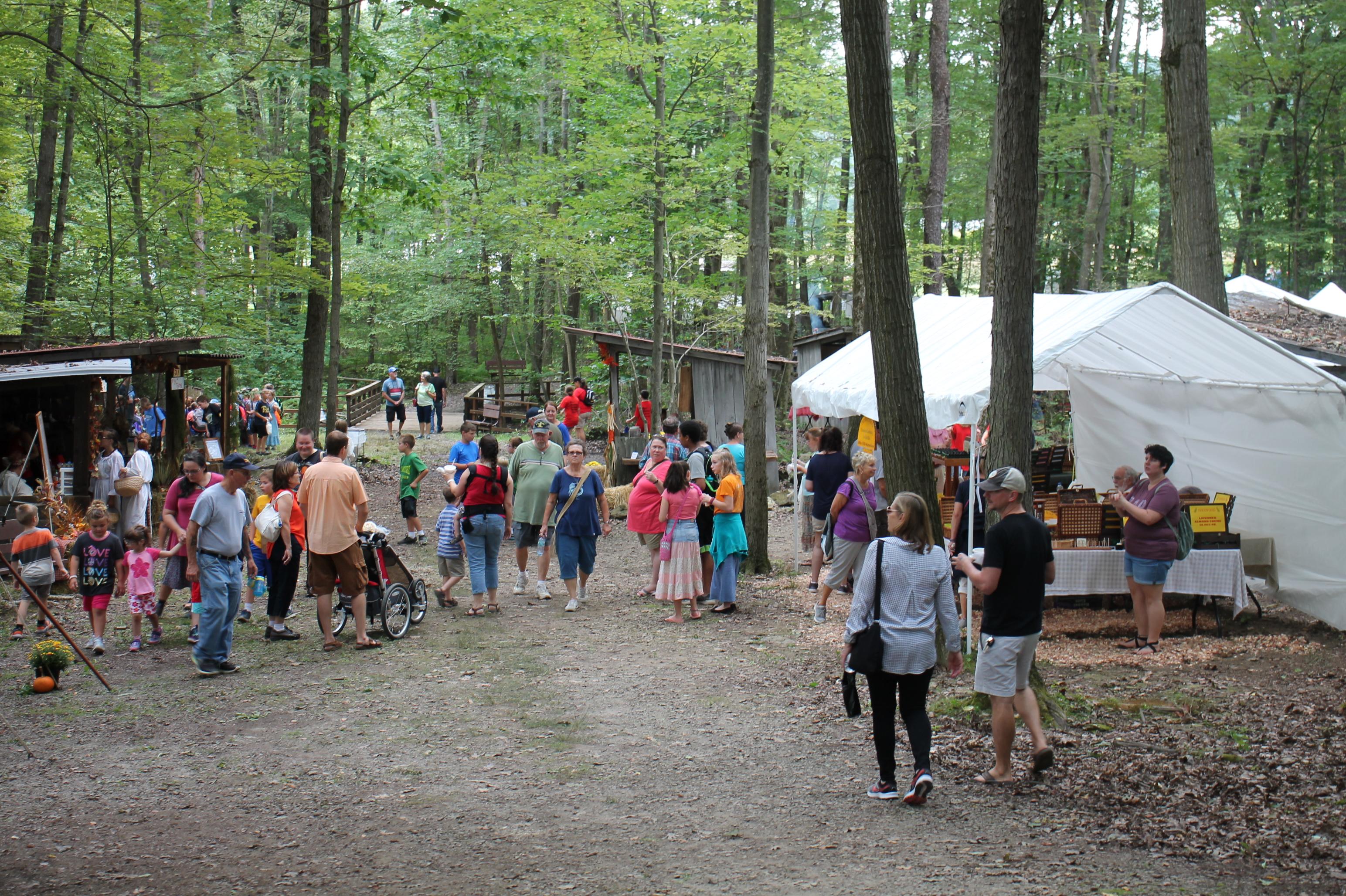 Pictures of a crowd of people walking along a woodland path with tents along the side.