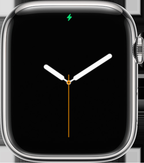 Apple Watch đang sạc, màn hình hiển thị biểu tượng tia sét màu xanh lá cây, cho thấy quá trình sạc pin bình thường